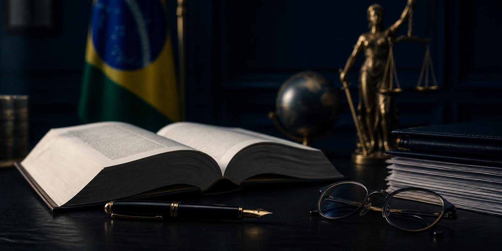 Mesa de trabalho de advogado com livro de leis, caneta e balança da justiça