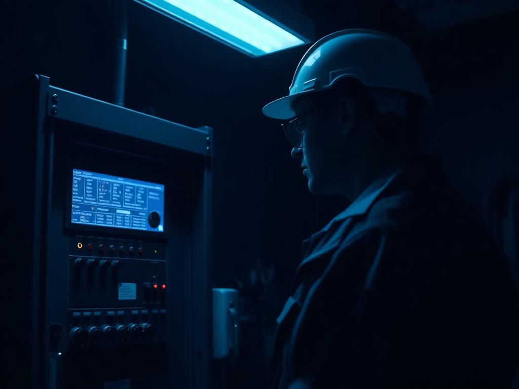 Trabalhador com capacete diante de painel elétrico